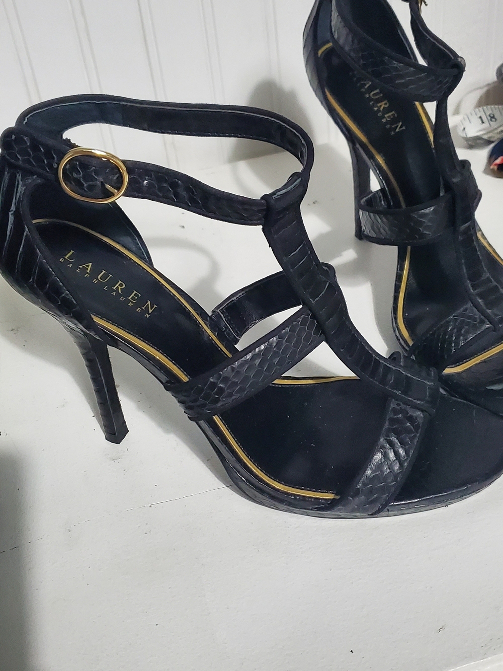 Lauren Ralph Lauren Black Textured Strappy High Heels with Gold Accent